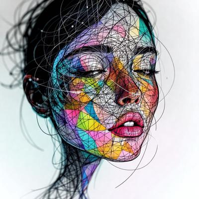 The primary subject of the image is a woman with a colorful, abstract face. The setting is a white background, which provides a clean and minimalist look. The visual style is a combination of digital art and illustration, creating a unique and artistic representation of the woman's face. The colors and mood of the image are vibrant and lively, with a focus on the woman's lips and the overall composition of the artwork.